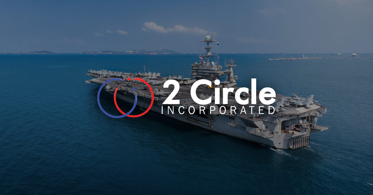 2 Circle Logo on top of image of an aircraft carrier